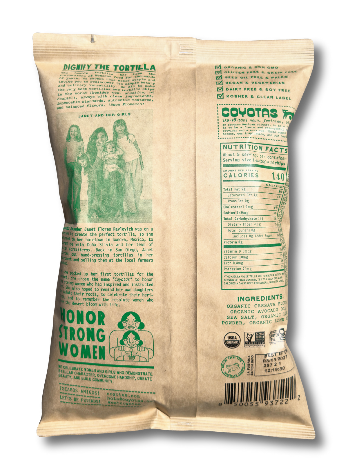 Coyotas Organic Grain Free Tortilla Chips, Lime, 5 oz bag, back with ingredients and nutrition