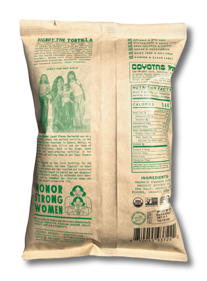 Coyotas Organic Grain Free Tortilla Chips, Lime, 5 oz bag, back with ingredients and nutrition