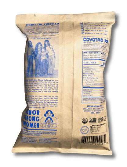 Coyotas Organic Grain Free Tortilla Chips, Sea Salt, 5 oz bag, back with ingredients and nutrition